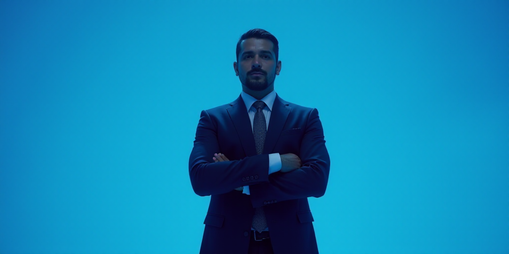a man in a suit and tie standing with his arms crossed in front of him with a blue background, Estua