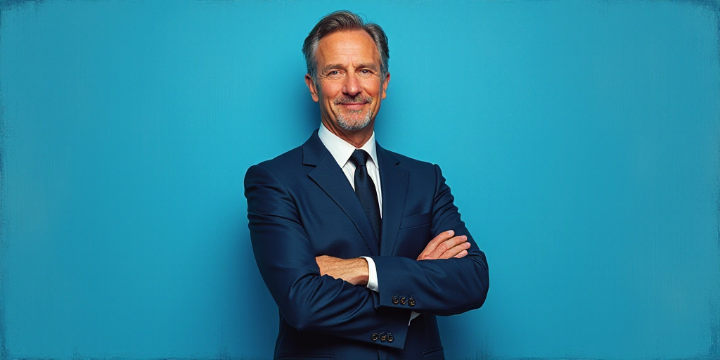 a man in a suit and tie standing with his arms crossed in front of him with a blue background, Anton
