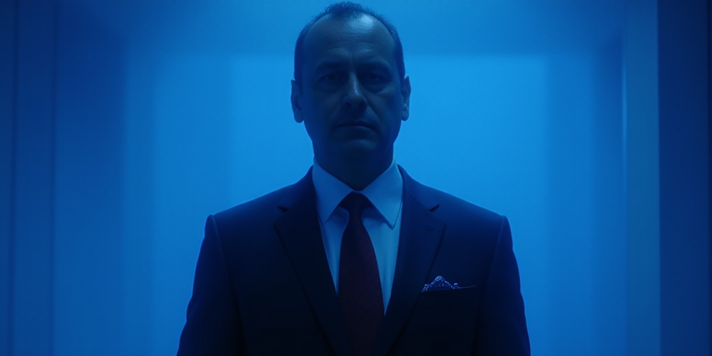 a man in a suit and tie standing in front of a blue background with a caption that reads miguel gonz