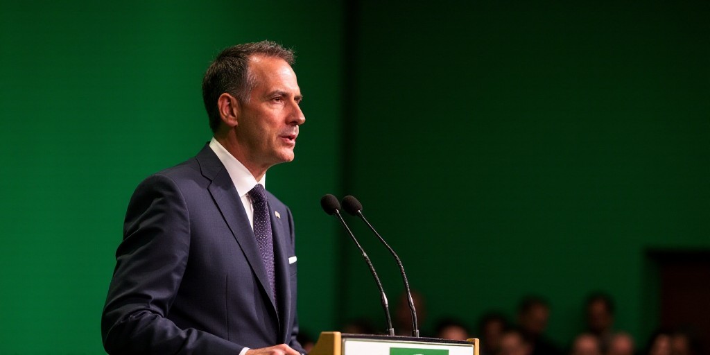 a man in a suit and tie standing at a podium in front of a microphone and a green wall, david rubín