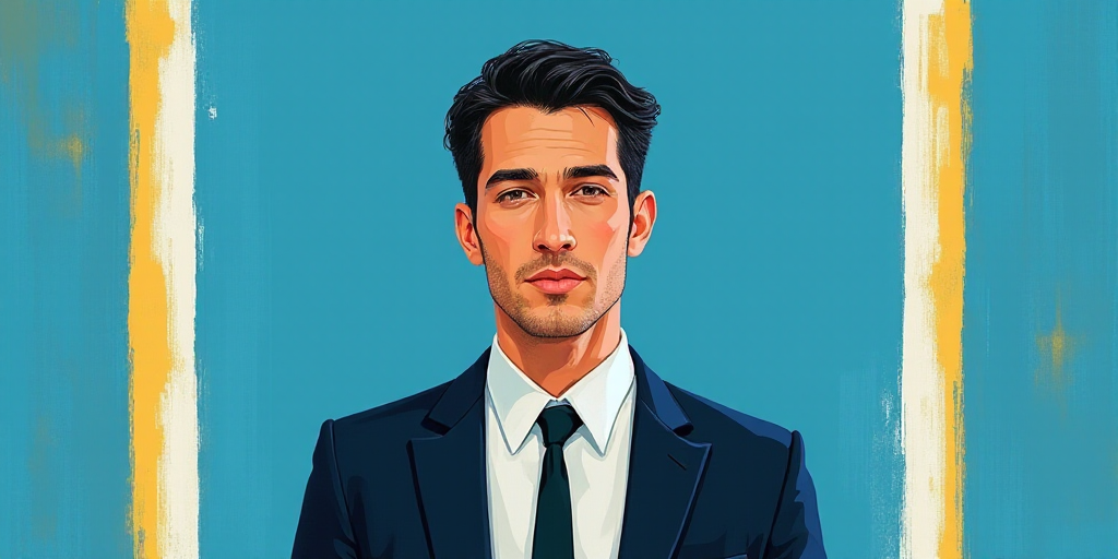 a man in a suit and tie standing in front of a blue background with a white and yellow border, Carlo