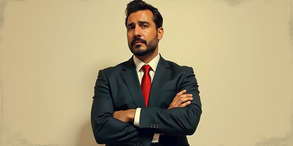 a man in a suit and tie standing with his arms crossed in front of him, with the caption of a photo