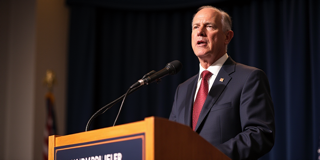 a man in a suit and tie standing at a podium with a microphone in front of him and a sign behind him