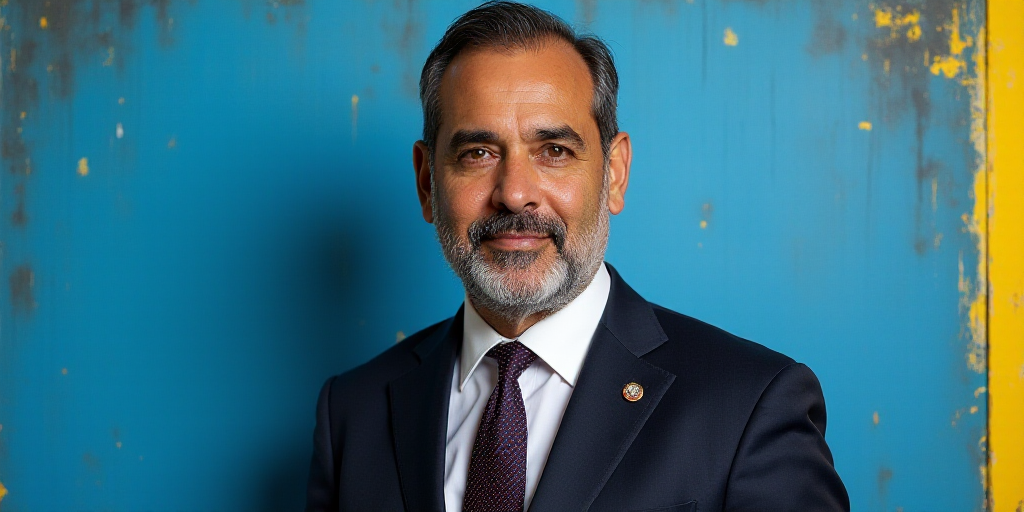 a man in a suit and tie standing in front of a blue background with a yellow border and a black and