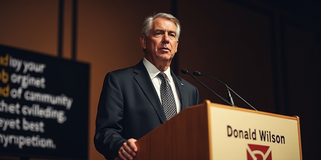 a man in a suit and tie standing at a podium with a microphone in front of him and a sign behind him