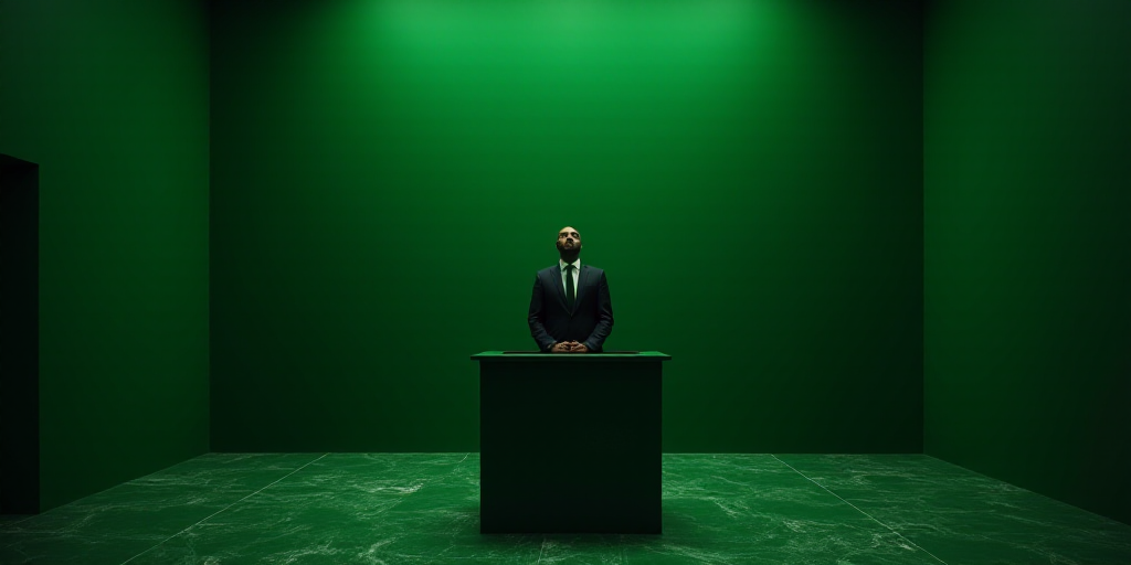 a man in a suit and tie standing in front of a podium in a room with green walls and a green marble