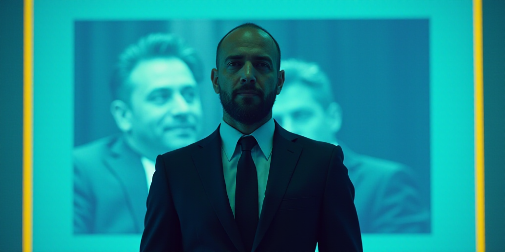 a man in a suit and tie standing in front of a blue background with a yellow border and a black and