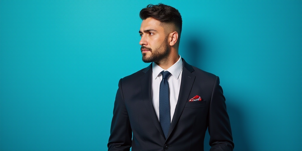 a man in a suit and tie standing in front of a blue background with a black and white photo, Alejand