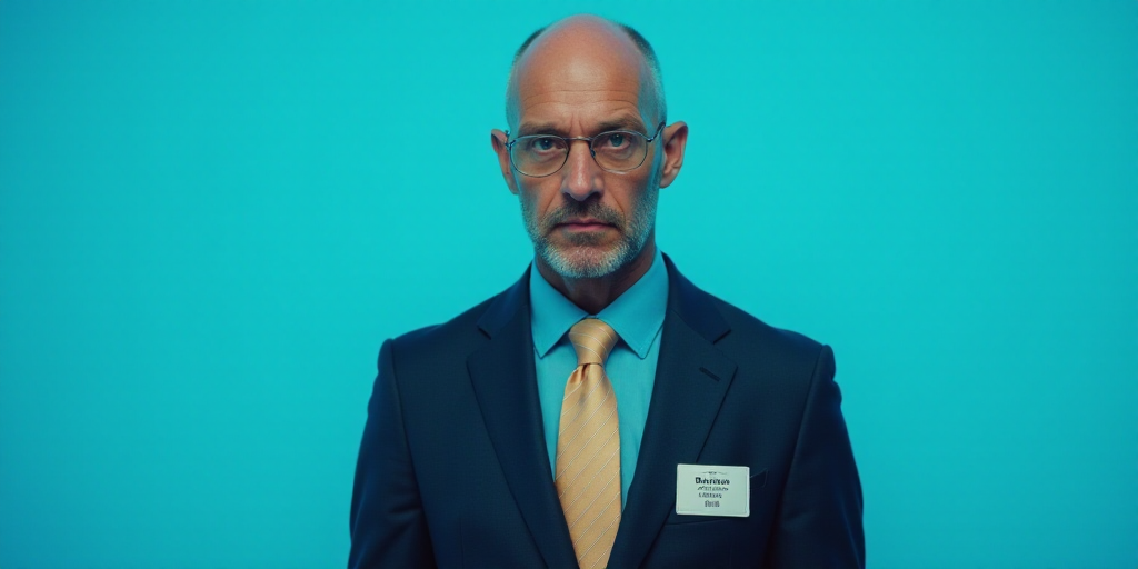 a man in a suit and tie standing in front of a blue background with a name tag for a business, Edwar