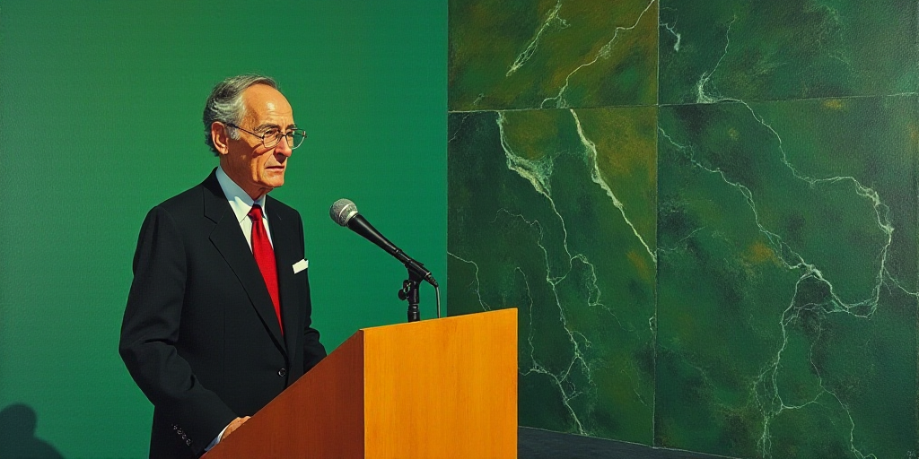 a man in a suit and tie standing at a podium in front of a microphone and a wall of green marble, Ar