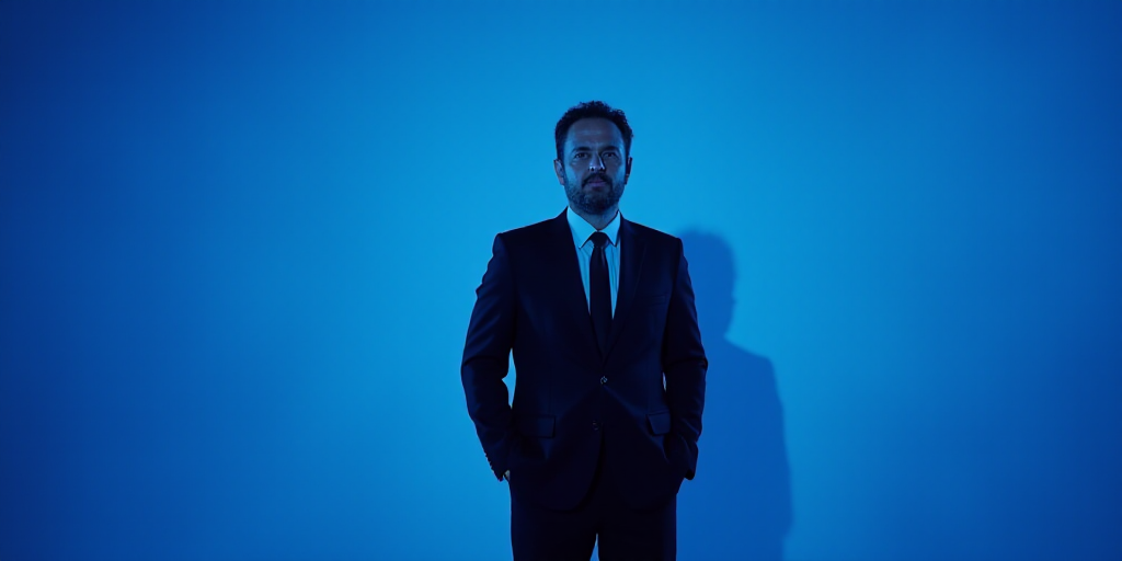 a man in a suit and tie standing in front of a blue background with the words antonio ai showbiz, An