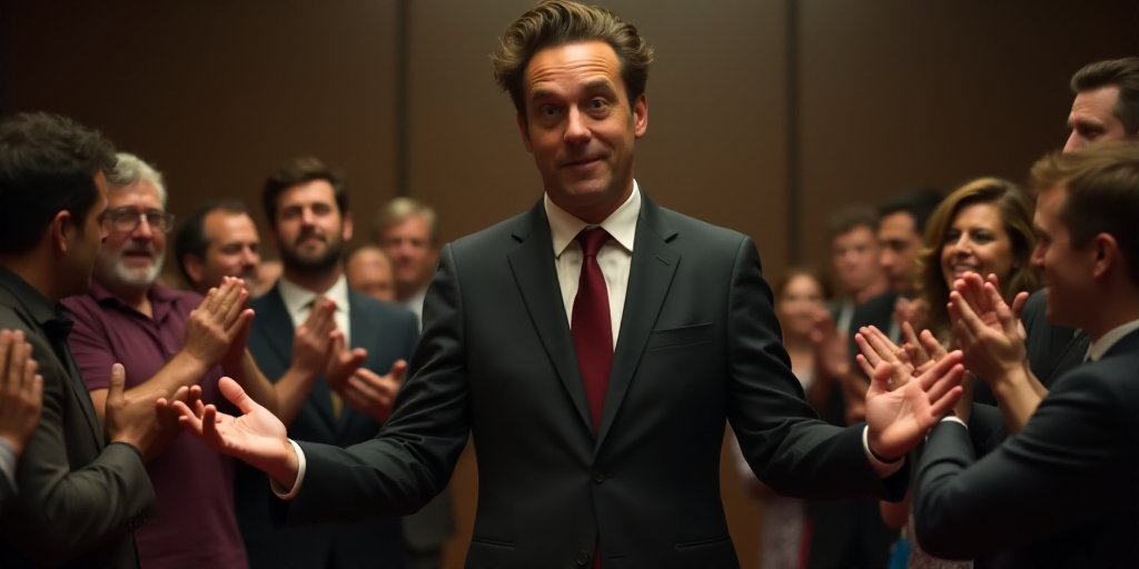 a man in a suit and tie standing in a room with other people clapping and clapping hands in front of