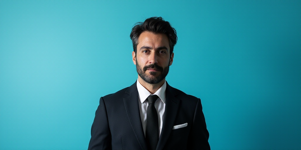 a man in a suit and tie standing in front of a blue background with a black and white photo, Alejand
