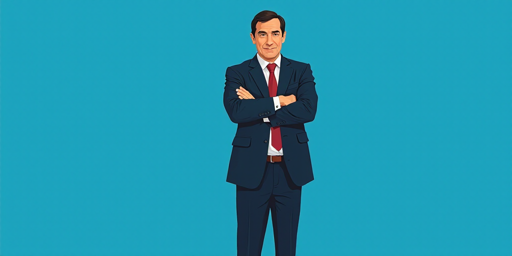 a man in a suit and tie standing with his arms crossed in front of him, with a blue background, Carl