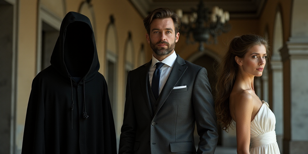 a man in a suit and tie standing next to a robe of black material and a woman in a white dress, Clov