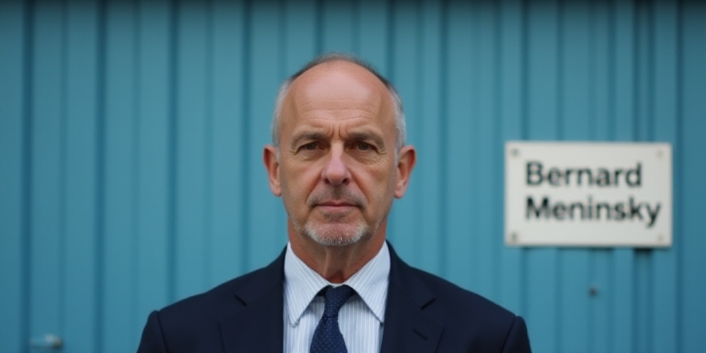 a man in a suit and tie standing in front of a blue wall with a white sign behind him, Bernard Menin