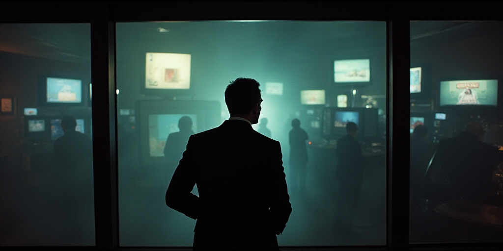 a man in a suit and tie standing in front of a machine with a television screen on it's side, Don Ar