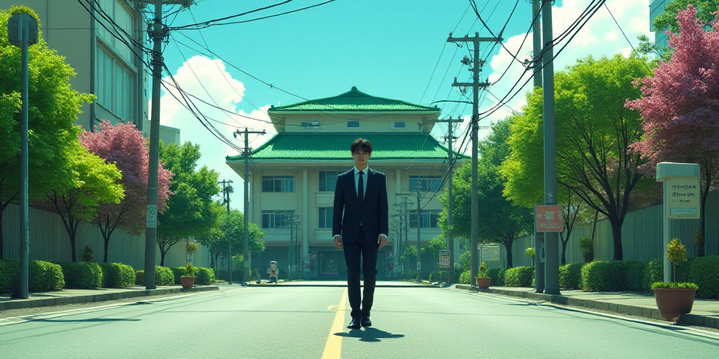 a man in a suit and tie walking down a street in front of a building with a green roof, Awataguchi T