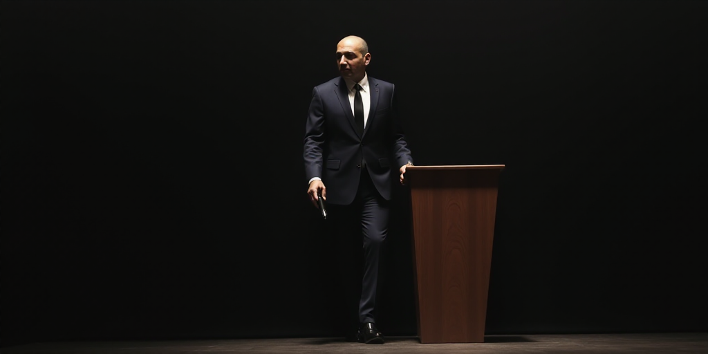 a man in a suit and tie walking behind a podium with a microphone in his hand and a black background