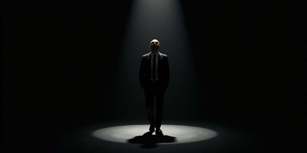a man in a suit and tie walking in a dark room with a spotlight on his face and a black background,