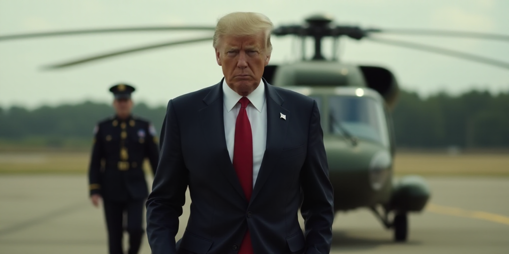 a man in a suit and tie walking towards a helicopter with a man in uniform in the background and a h