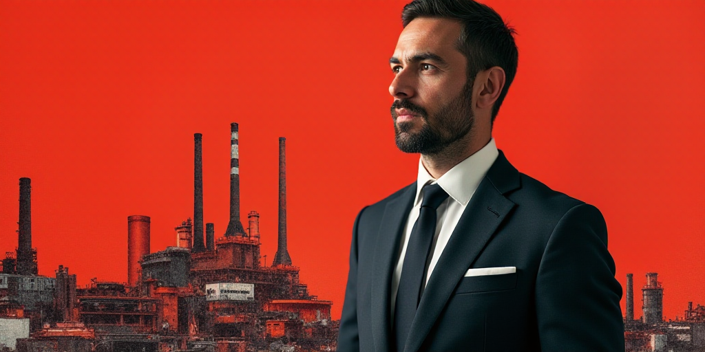 a man in a suit and tie with a red background and a collage of images of a factory, Andries Stock, h