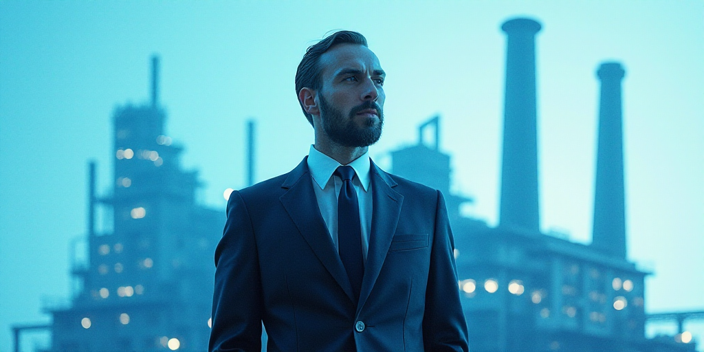 a man in a suit and tie with a picture of a factory behind him and a blue background with a white ba