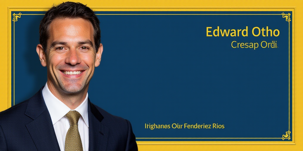 a man in a suit and tie with a blue background and a yellow border around him is a business card wit