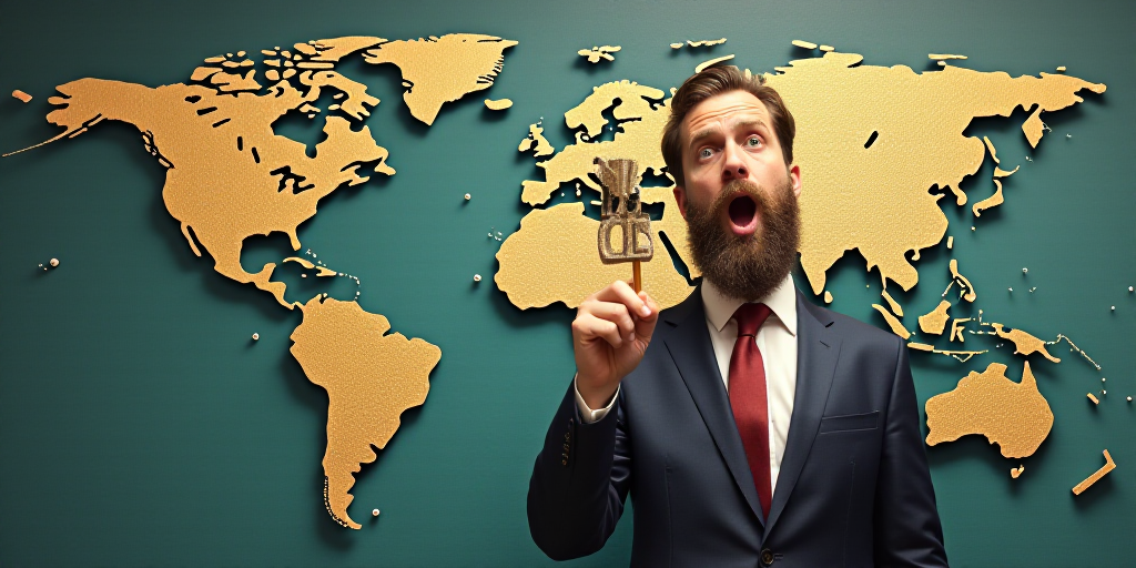 a man in a suit and tie with a percentage sign over a map of the world with money falling from it, A