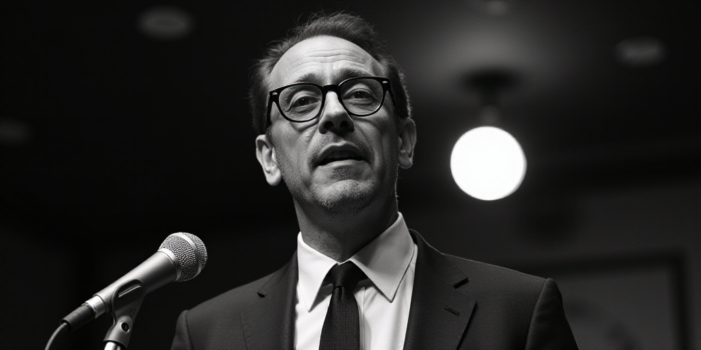 a man in a suit and tie with glasses on his face and a microphone in front of him and a ceiling ligh