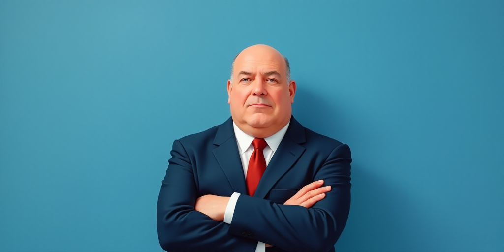 a man in a suit and tie with his arms crossed and his arms crossed, with a blue background, Fernando