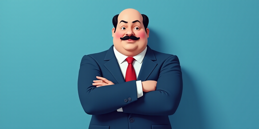 a man in a suit and tie with his arms crossed and his arms crossed, with a blue background, Fernando