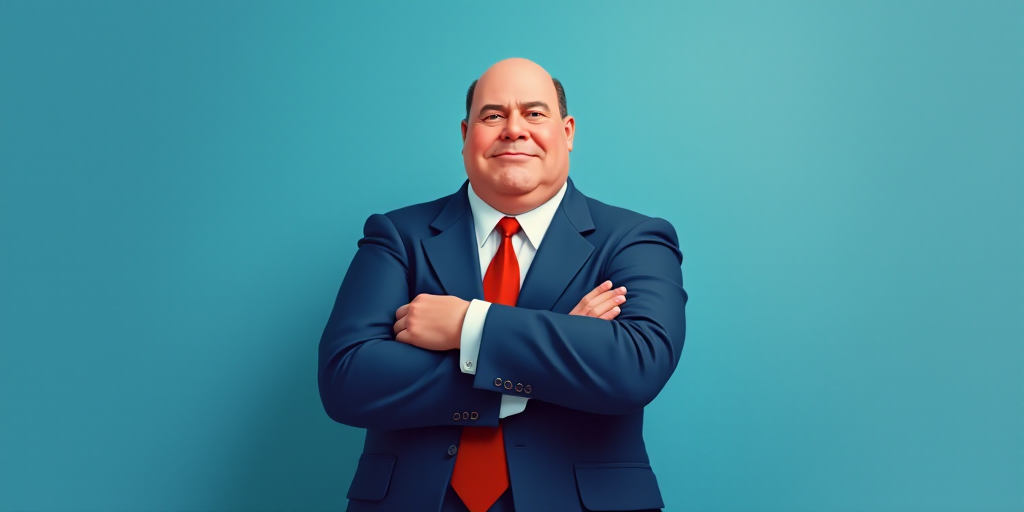 a man in a suit and tie with his arms crossed and his arms crossed, with a blue background, Fernando