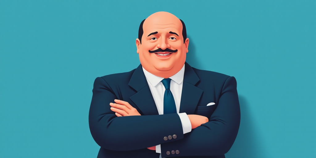 a man in a suit and tie with his arms crossed and his arms crossed, with a blue background, Fernando