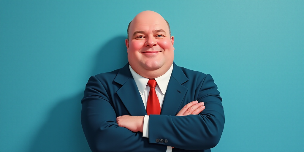 a man in a suit and tie with his arms crossed and his arms crossed, with a blue background, Fernando