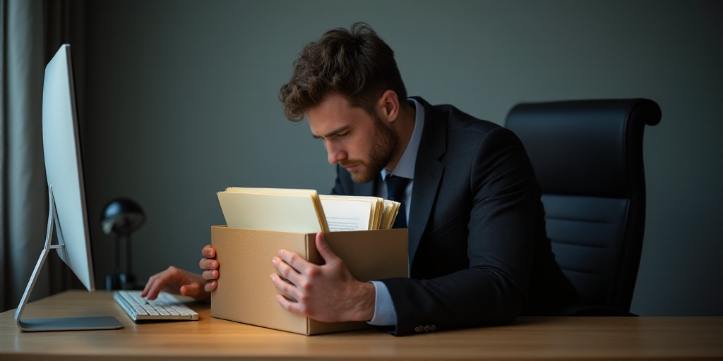 a man in a suit holding a box with files and folders in it and a computer on a desk, Andries Stock,