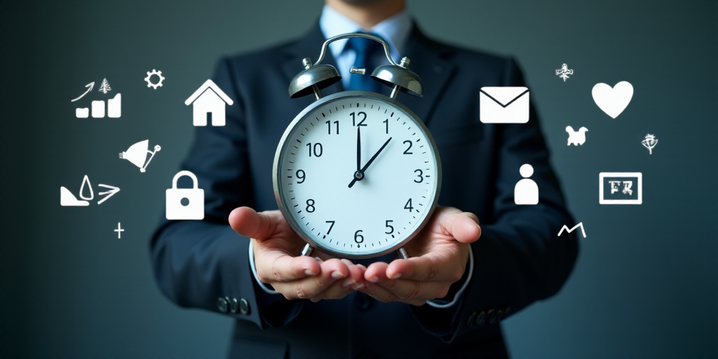 a man in a suit holding a clock with icons around him and a hand pointing at it with both hands, Ai-