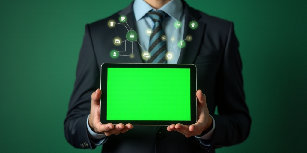 a man in a suit holding a tablet with a green screen on it and icons coming out of it, Andries Stock