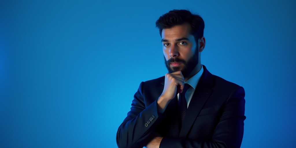a man in a suit is posing for a picture with his chin resting on his hand, with a blue background, A