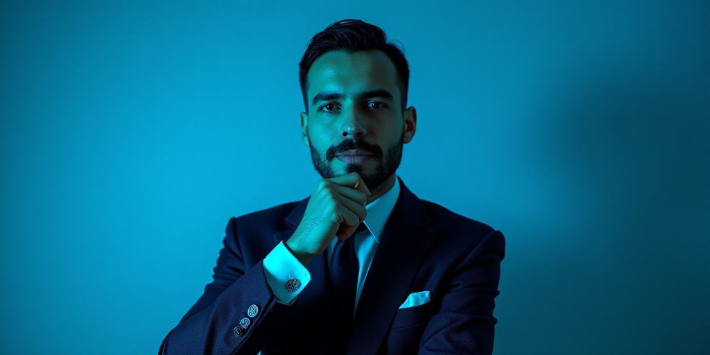 a man in a suit is posing for a picture with his chin resting on his hand, with a blue background, A