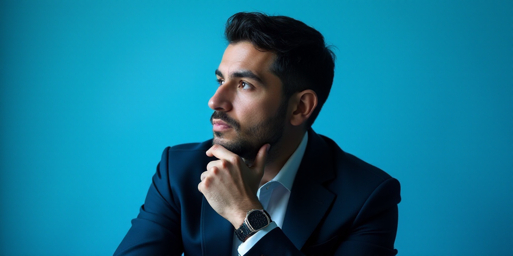 a man in a suit is posing for a picture with his chin resting on his hand, with a blue background, A