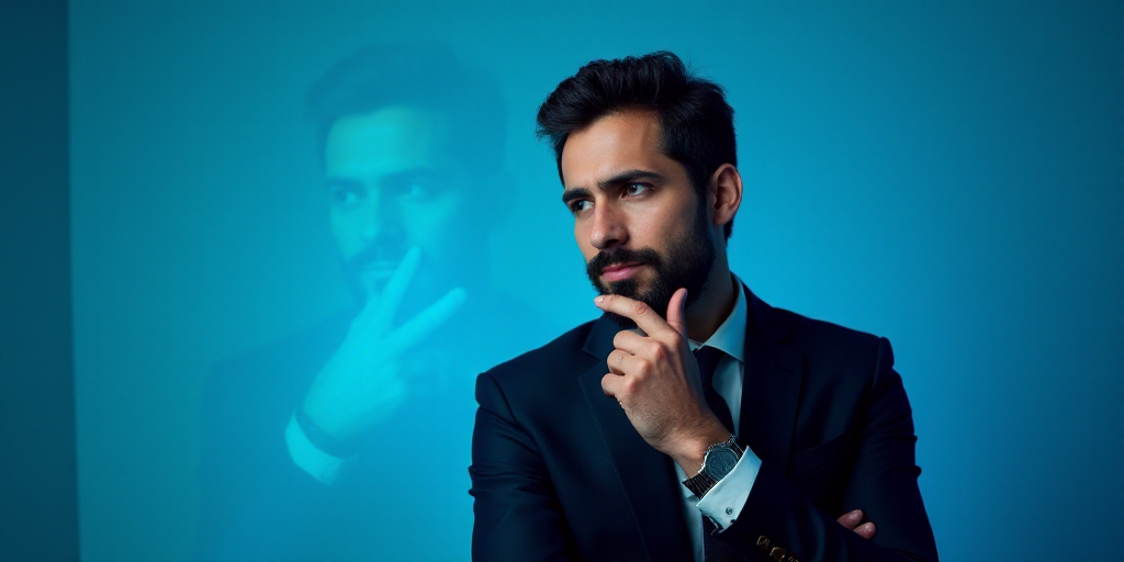 a man in a suit is posing for a picture with his chin resting on his hand, with a blue background, A