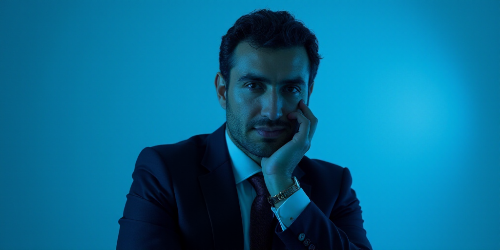 a man in a suit is posing for a picture with his chin resting on his hand, with a blue background, A
