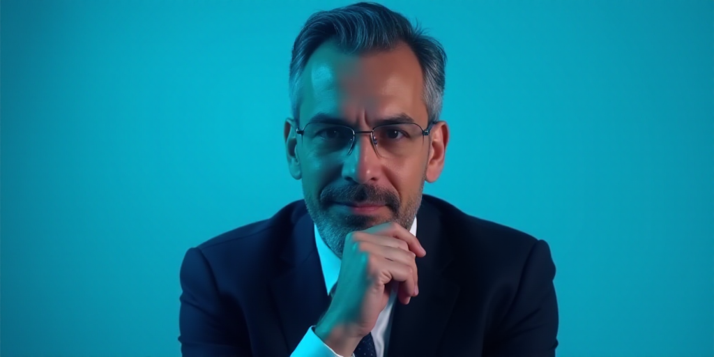 a man in a suit is posing for a picture with his chin resting on his hand, with a blue background, A
