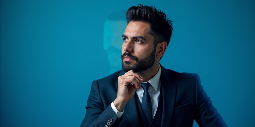 a man in a suit is posing for a picture with his chin resting on his hand, with a blue background, A