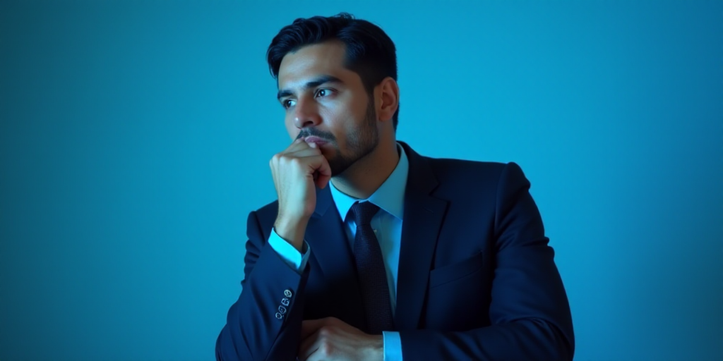 a man in a suit is posing for a picture with his chin resting on his hand, with a blue background, A