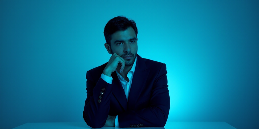 a man in a suit is posing for a picture with his chin resting on his hand, with a blue background, A