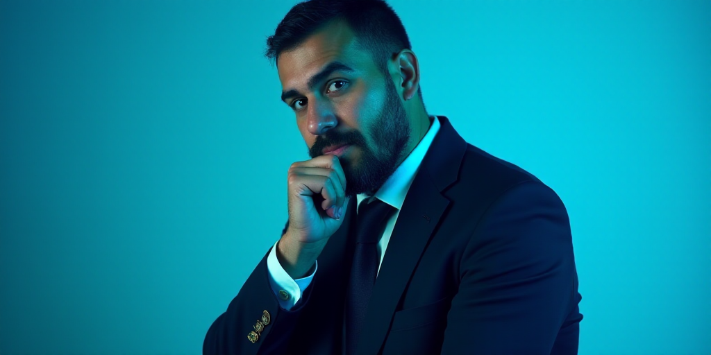 a man in a suit is posing for a picture with his chin resting on his hand, with a blue background, A