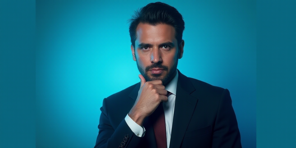 a man in a suit is posing for a picture with his chin resting on his hand, with a blue background, A