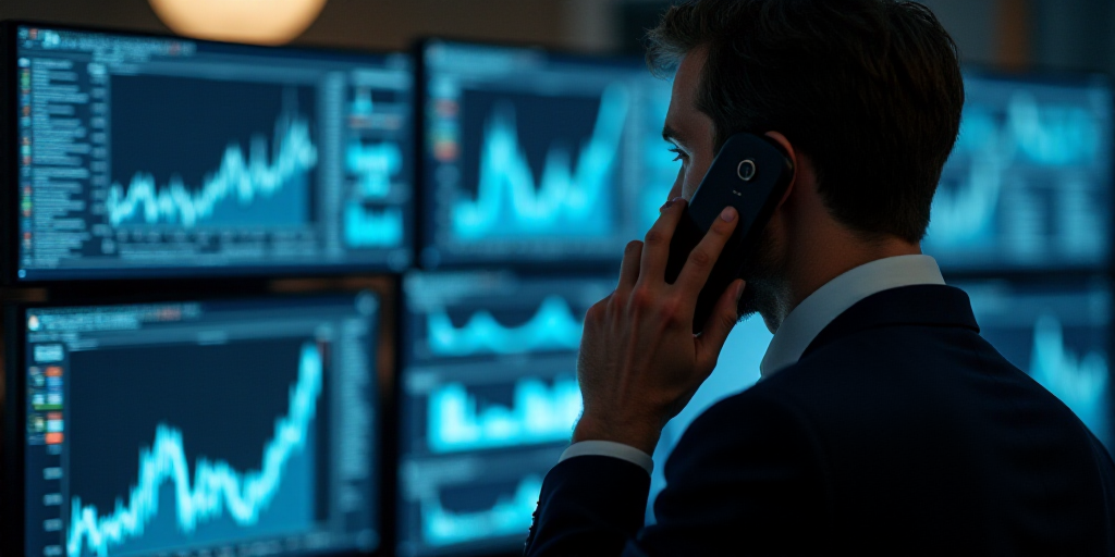 a man in a suit is talking on a cell phone in front of a computer screen with multiple graphs, Andri